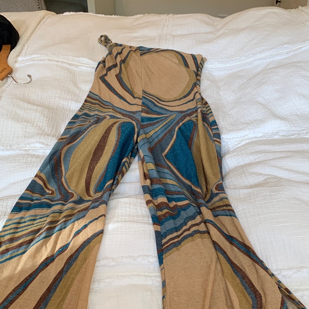 bebe Teal and Beige Wide-Leg Printed Jumpsuit